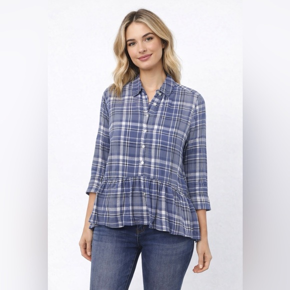 Trovata Tops - Trovata Birds of Paradis Blue Plaid Peplum Button Down Shirt Women’s M Boho‎